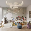 Children's Room Interior Design With Cloud Lamp Teepee Tent Rocking Horse Bookshelves And Plush Toys