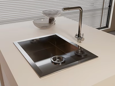 Stainless Steel Square Kitchen Sink With Faucet And Transparent Drainer Basket On Light Countertop 3d model