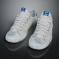 White Low Top Casual Shoes With Blue Logo And Distressed Design For Daily Wear