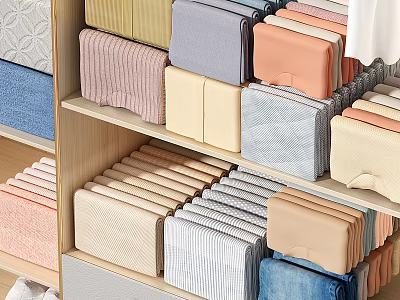 Neatly Folded Clothes With Various Colors And Different Styles On Wooden Wardrobe Shelves 3d model