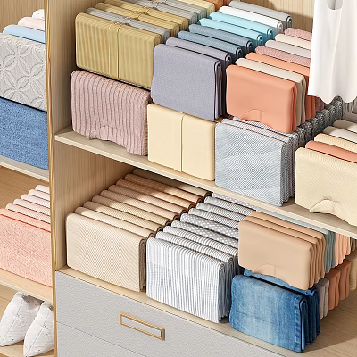 Neatly Folded Clothes With Various Colors And Different Styles On Wooden Wardrobe Shelves 3d model