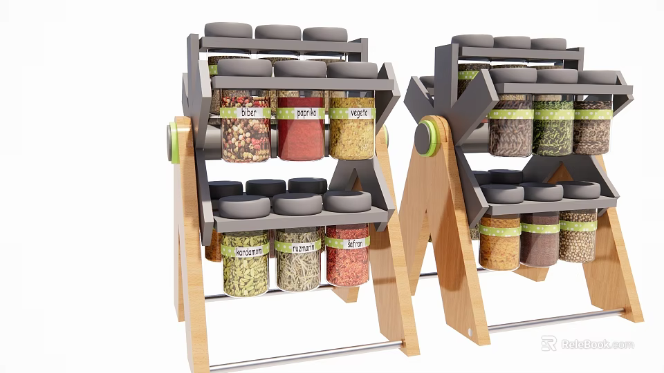 Organized Kitchen Spice Bottles On Wooden Multi Layer Storage Rack With Labels 3d model