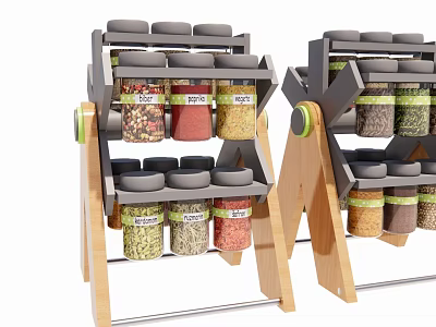 Organized Kitchen Spice Bottles On Wooden Multi Layer Storage Rack With Labels 3d model