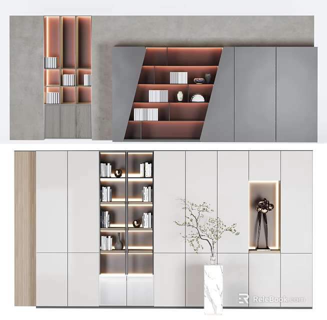 Modern Bookcase Design With Open Shelves LED Lighting And Minimalist White Finish 3d model 