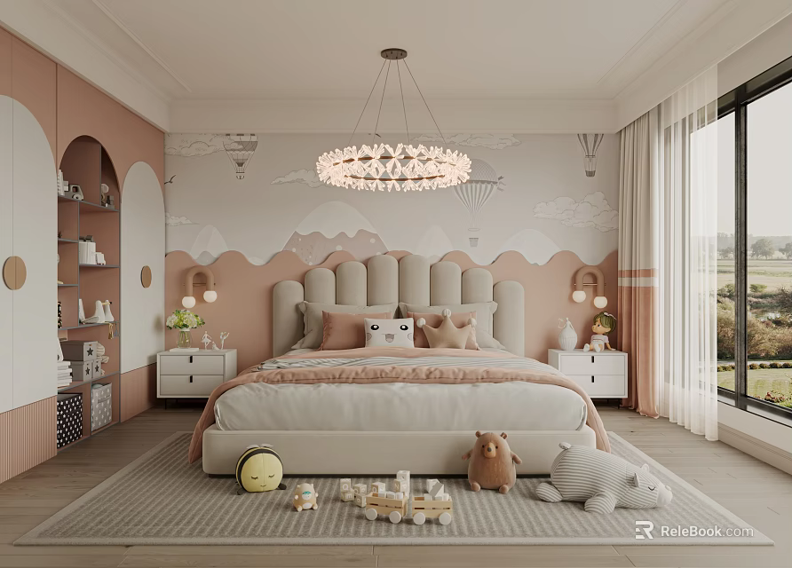 Cozy Pink Kids Room Interior Design With Cloud Patterned Wall Chandelier And Stuffed Toys 3d model 