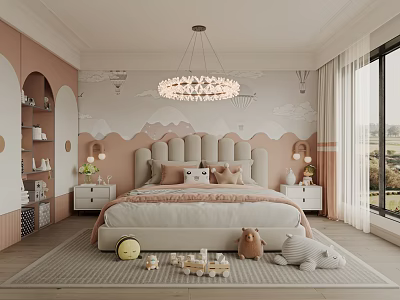 Cozy Pink Kids Room Interior Design With Cloud Patterned Wall Chandelier And Stuffed Toys 3d model