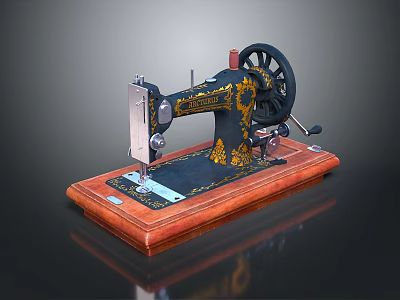 Vintage Sewing Machine As Household Item With Black Body Golden Patterns And Wooden Base 3d model