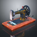 Vintage Sewing Machine As Household Item With Black Body Golden Patterns And Wooden Base