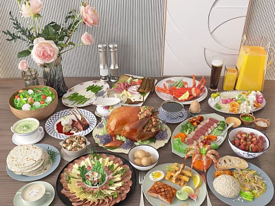 Abundant Assorted Food Platter with Turkey Crab Salad Rice and Fresh Juices on Dining Table 3d model