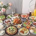 Abundant Assorted Food Platter with Turkey Crab Salad Rice and Fresh Juices on Dining Table
