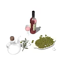 Fresh Green Olives with Olive Oil Bottle Wine Glass and Branch on White Background