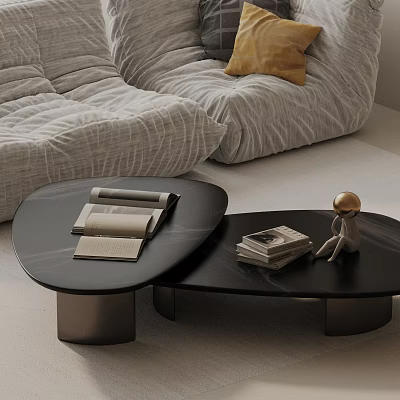 Cozy Gray Tufted Sofa With Black Irregular Coffee Table Living Room With Books And Decor 3d model