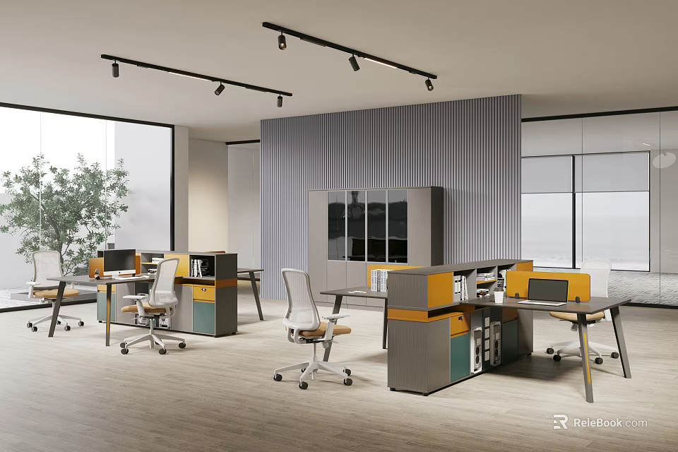 Modern Public Office Space With Desks Office Chairs Storage Cabinets Green Plants And Natural Light 3d model 