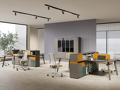 Modern Public Office Space With Desks Office Chairs Storage Cabinets Green Plants And Natural Light 3d model