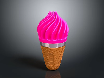Swirled Pink Ice Cream in Brown Waffle Cone with Silver Trim 3d model
