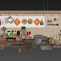 Traditional Rustic Garden Decorative Pieces With Farm Tool Models Potted Plants And Woven Items