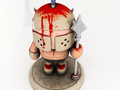 Cartoon Demon Warrior Figure With Blood Stains Horns And Spear On Round Base 3d model