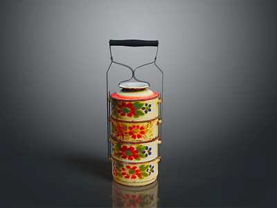 Colorful Stacked Household Storage Container With Floral Patterns And Metal Handle 3d model