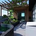 Rooftop Garden Design Featuring Blue Roof Wooden Pergola Greenery And Stone Wall