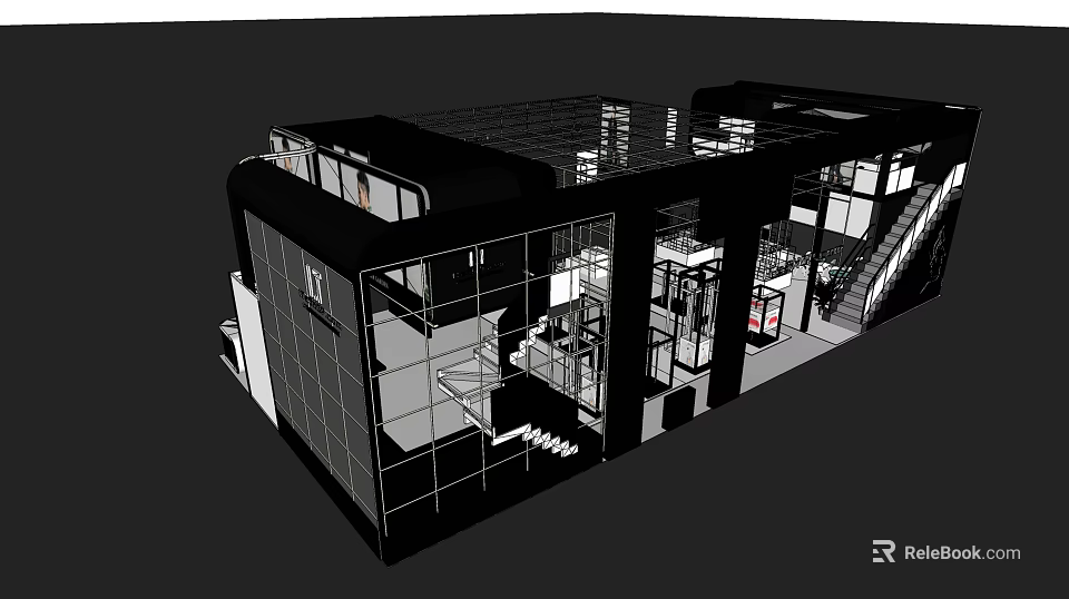 Modern Clothing Store Building With Glass Facade Interior Display Area And Staircase 3d model 