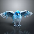 Flying Animal Blue Bird With Spread Wings And Shiny Feathers On Dark Background