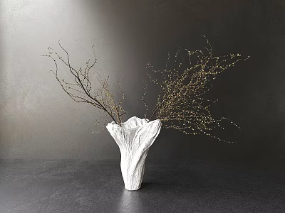 White Textured Vase With Golden Dotted Branches On Dark Background And Soft Lighting 3d model