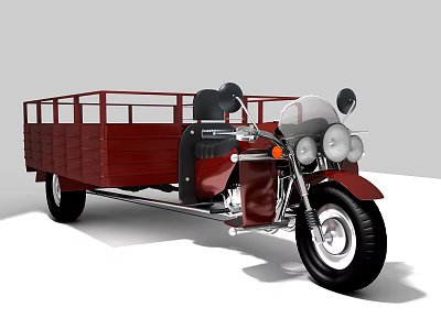 Vintage Red Three Wheel Motorcycle With Cargo Bed Black Seats And Headlights 3d model
