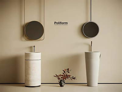 Elegant Poilform Washbasins With Round Mirrors Beige Wall And Potted Plant 3d model