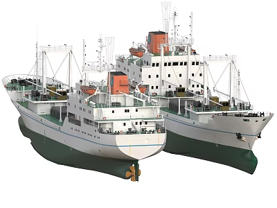 Two Large White And Green Cargo Ships With Orange Funnels And Superstructures 3d model