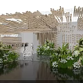 Contemporary Exhibition Display With Wooden Stick Structure Green Plants White Flowers Models And Water Reflection