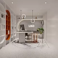 Modern Public Office Space Featuring Circular Shelves White Desk Plant Logo And Pendant Lights