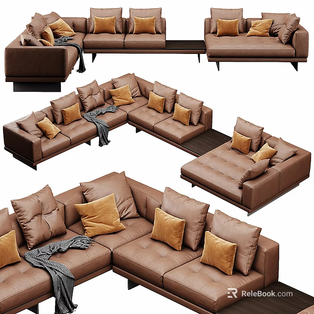 Modern Brown Leather Sectional Sofa with Plush Cushions Soft Throw Blanket and L shaped Design 3d model 