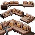 Modern Brown Leather Sectional Sofa with Plush Cushions Soft Throw Blanket and L shaped Design