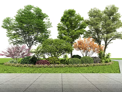 Colorful Shrubs in Garden Landscape with Various Trees Green Grass and Stone Path 3d model