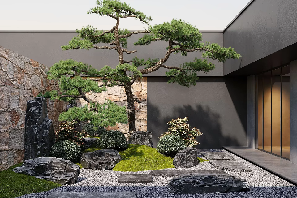 Japanese Style Courtyard Garden With Pine Tree Stone Rocks Mossy Pathway And Green Shrubs 3d model 