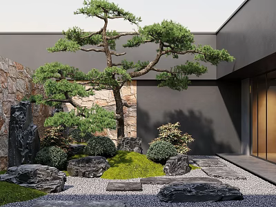 Japanese Style Courtyard Garden With Pine Tree Stone Rocks Mossy Pathway And Green Shrubs 3d model