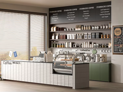 Modern Café Interior With Counter Display Case Coffee Beans Window Blinds And Menu Board 3d model