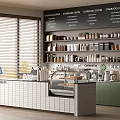 Modern Café Interior With Counter Display Case Coffee Beans Window Blinds And Menu Board