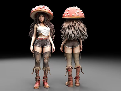 Fashionable Woman With Red Spotted Mushroom Hat Long Curly Hair And Leather Boots Outfit 3d model
