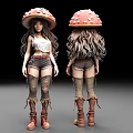 Fashionable Woman With Red Spotted Mushroom Hat Long Curly Hair And Leather Boots Outfit