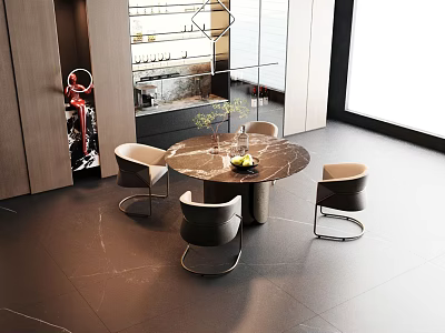 Modern Restaurant Interior Design With Round Marble Table Chairs And Wine Rack 3d model