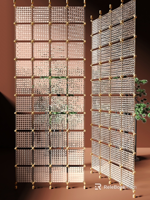 Modern Elegant Room Divider With Gold Frame Grid Pattern And Green Plants 3d model 