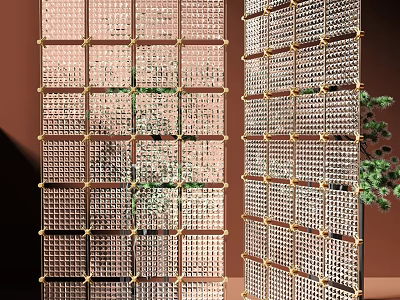 Modern Elegant Room Divider With Gold Frame Grid Pattern And Green Plants 3d model