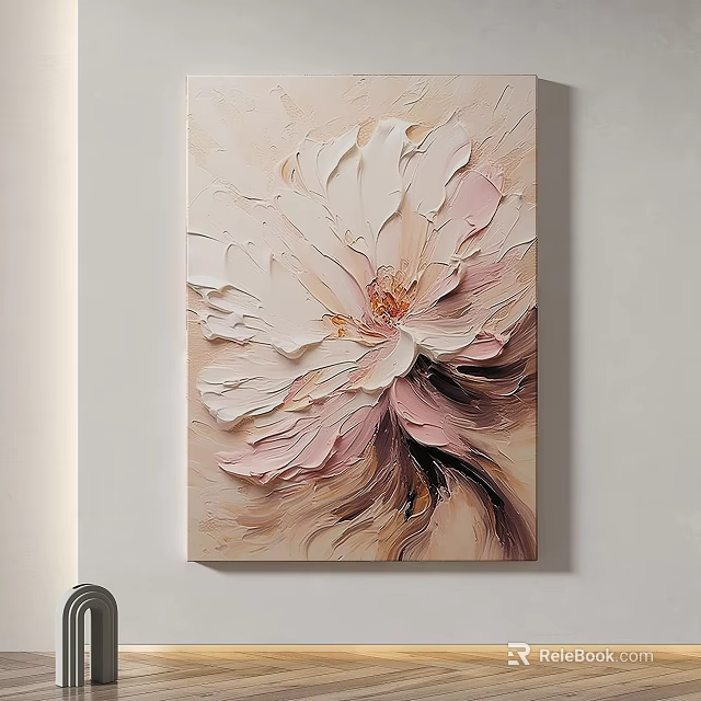Soft Pink And White Flower Abstract Painting With Impasto Texture And Beige Background 3d model 