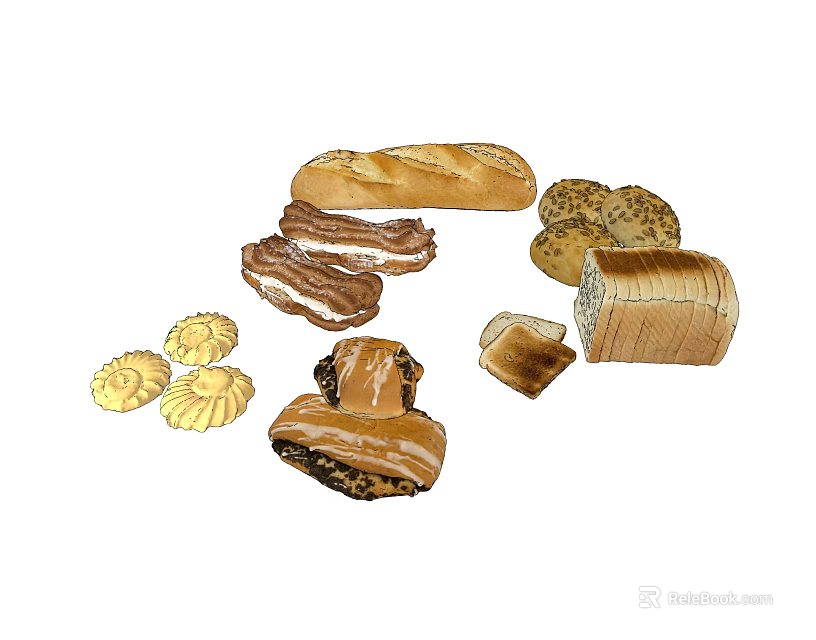 Assorted Fresh Baked Bread Collection Including Baguette Sliced Loaves Croissants and Pastries 3d model 