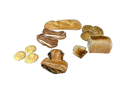 Assorted Fresh Baked Bread Collection Including Baguette Sliced Loaves Croissants and Pastries 3d model