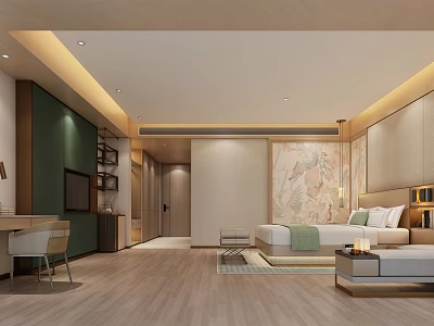 Modern Hotel Room Interior With Comfortable Bed Decorative Wall Wooden Flooring And Lighting 3d model