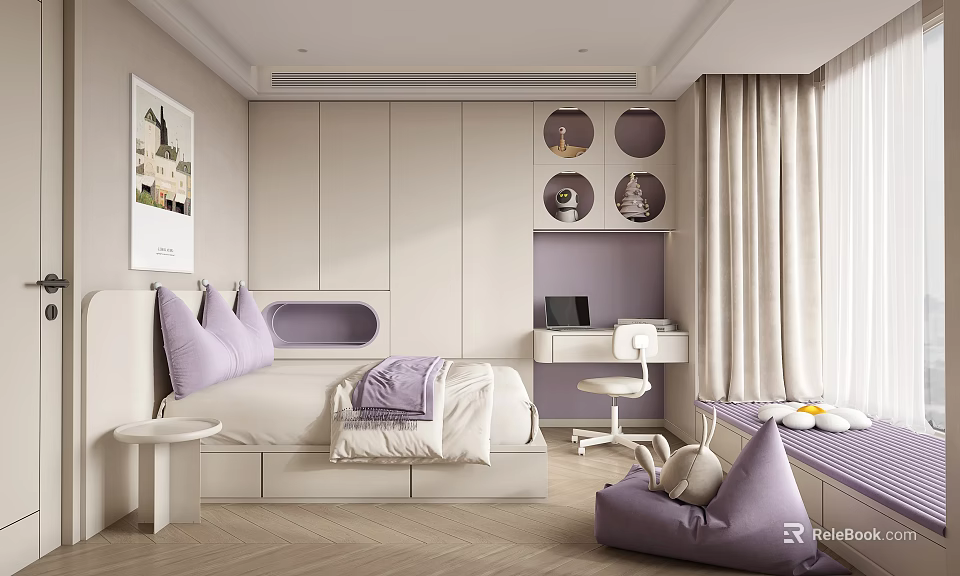 Modern Tatami Bedroom Interior With Purple Pillows Desk Circular Shelves And Wooden Flooring 3d model 