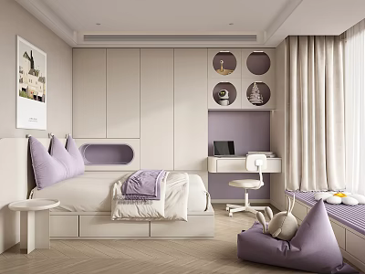 Modern Tatami Bedroom Interior With Purple Pillows Desk Circular Shelves And Wooden Flooring 3d model