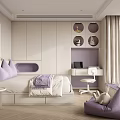 Modern Tatami Bedroom Interior With Purple Pillows Desk Circular Shelves And Wooden Flooring